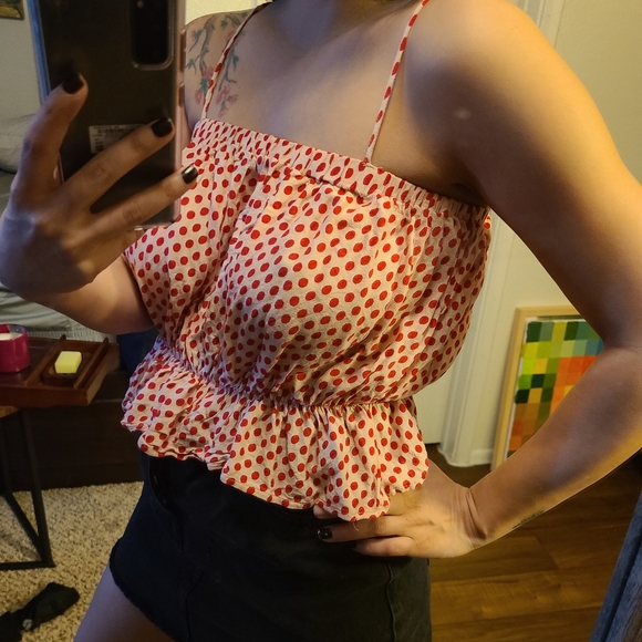 Polka dot top ruffle crop top straight nec… - Picture 4 of 8